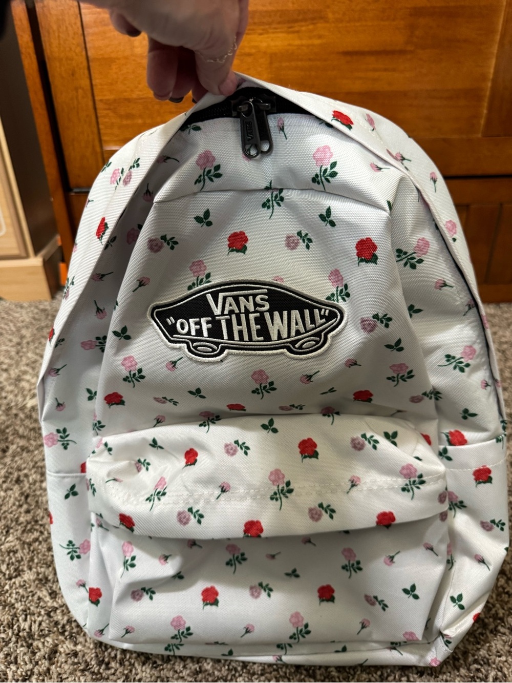 Vans White Floral Backpack with Red & Pink Roses